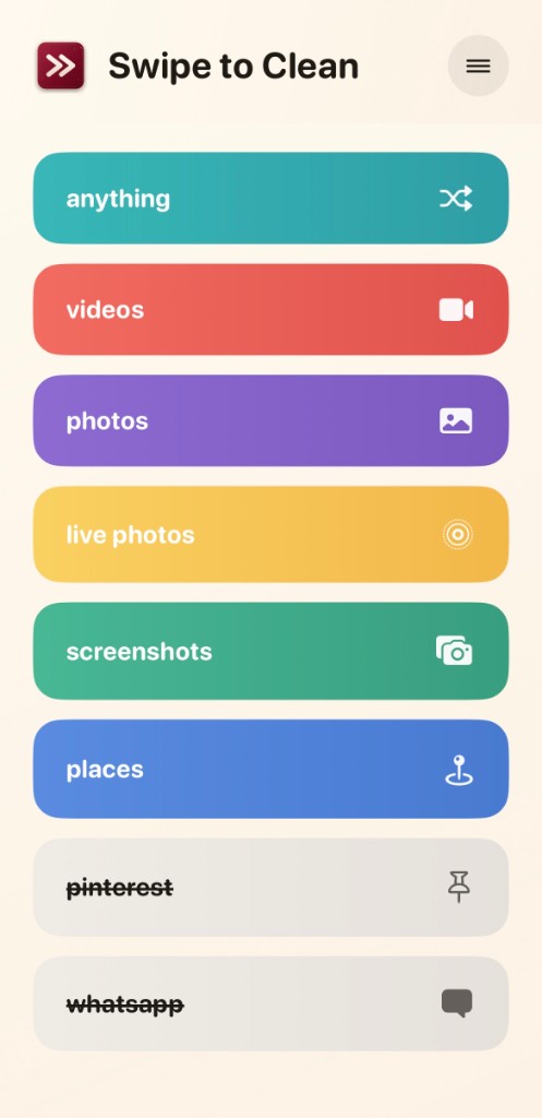 Swipe to Clean home screen showing categories: anything, videos, photos, live photos, screenshots, places, and more