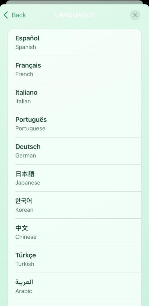 Languages screen with Spanish, French, German, and more