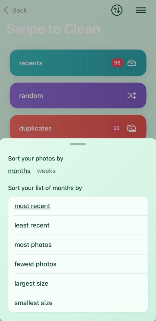 Sort options: by months or weeks, most recent, most photos, and more