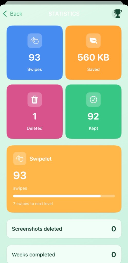 Statistics screen showing swipes, saved space, deleted, kept, and Swipelet progress