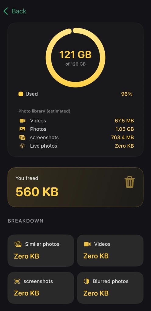 Storage dashboard showing photo library size and freed space
