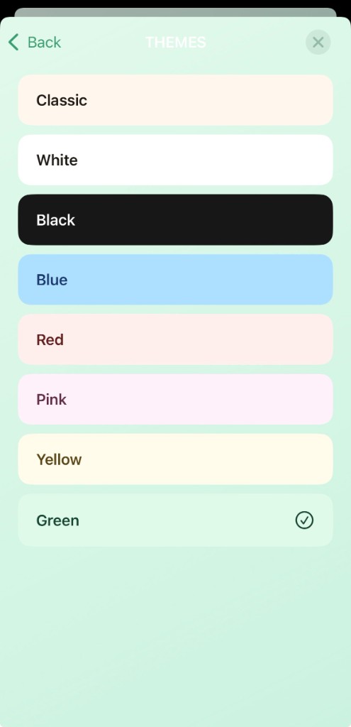 Themes screen: Classic, White, Black, Blue, Red, Pink, Yellow, Green
